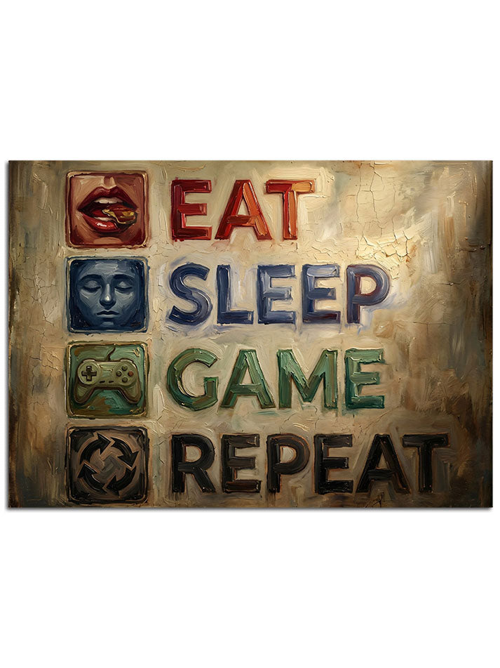 Oyuncular için popüler motto "Eat Sleep Game Repeat" panosu.