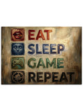Oyuncular için popüler motto "Eat Sleep Game Repeat" panosu.