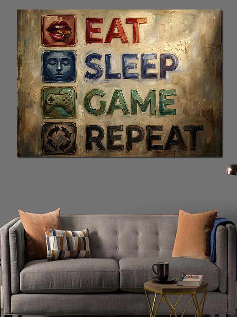 Eat Sleep Game Repeat Yazılı Kanvas Tablo