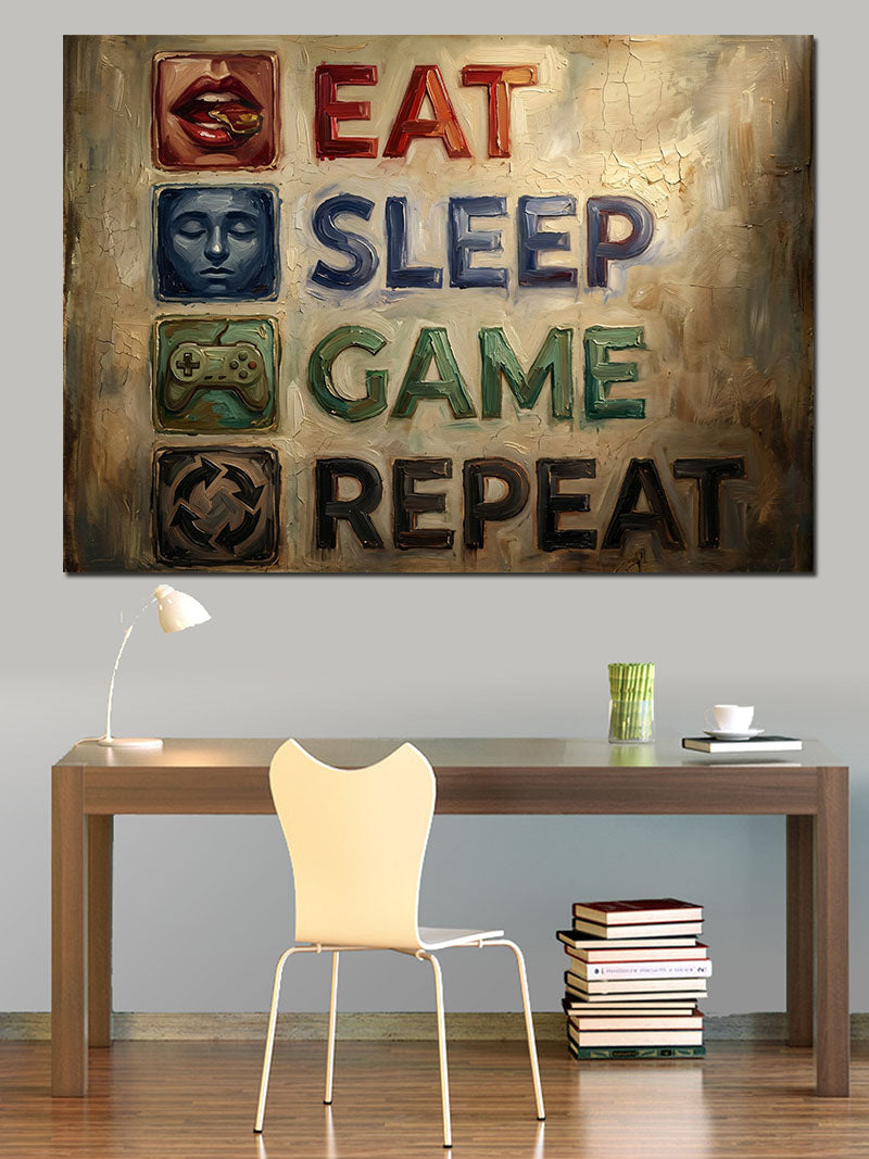 Eat Sleep Game Repeat Yazılı Kanvas Tablo