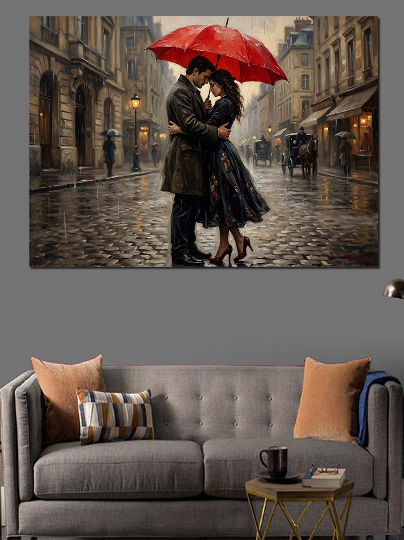 Yağmurda Öpüşen Romantik Çift Tablosu Kanvas Tablo
