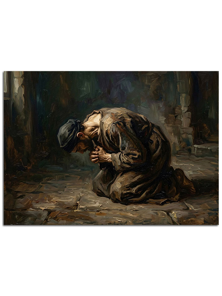Diz çökmüş, loş ışık altında dua eden bir adam silüeti.