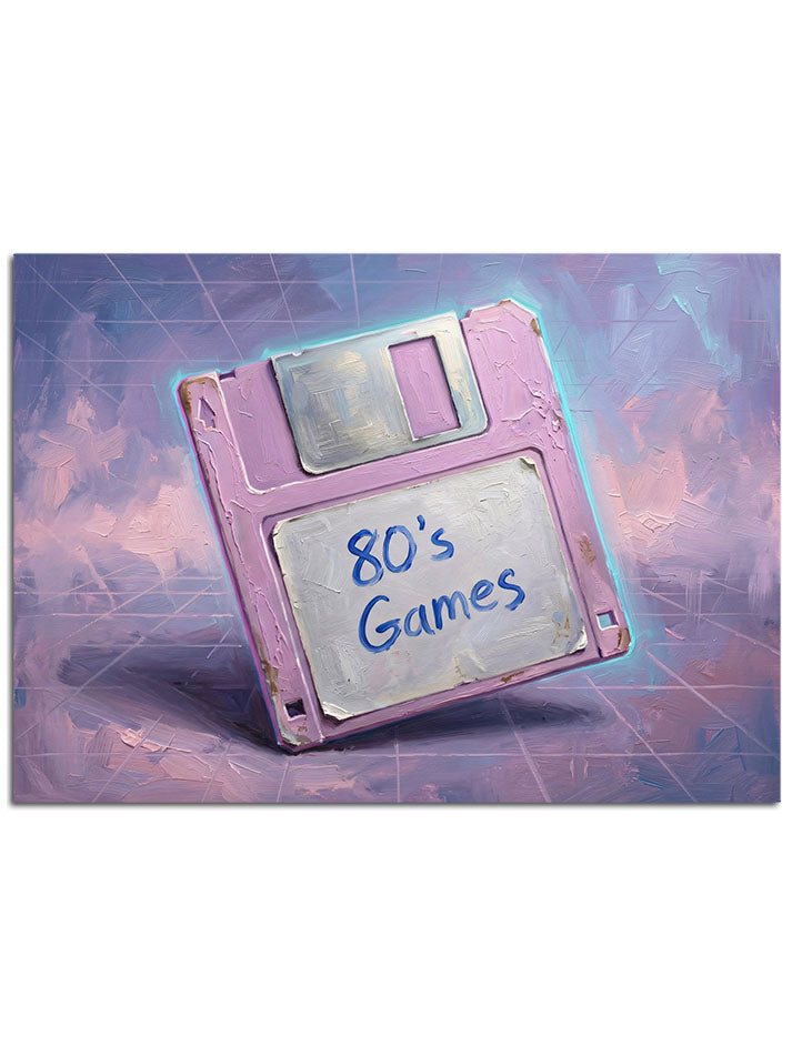 Üzerinde "80's Games" yazan nostaljik pembe bir disket.