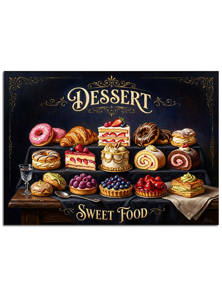 "The Dessert" yazılı, iştah açıcı donut ve pastalar kolajı.