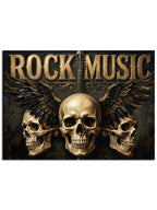 Kanatlı üç adet kurukafa ve "Rock Music" yazılı pano.