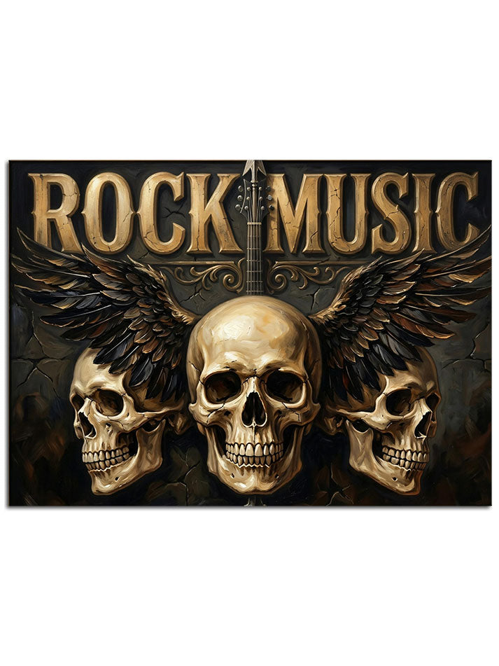 Kanatlı üç adet kurukafa ve "Rock Music" yazılı pano.