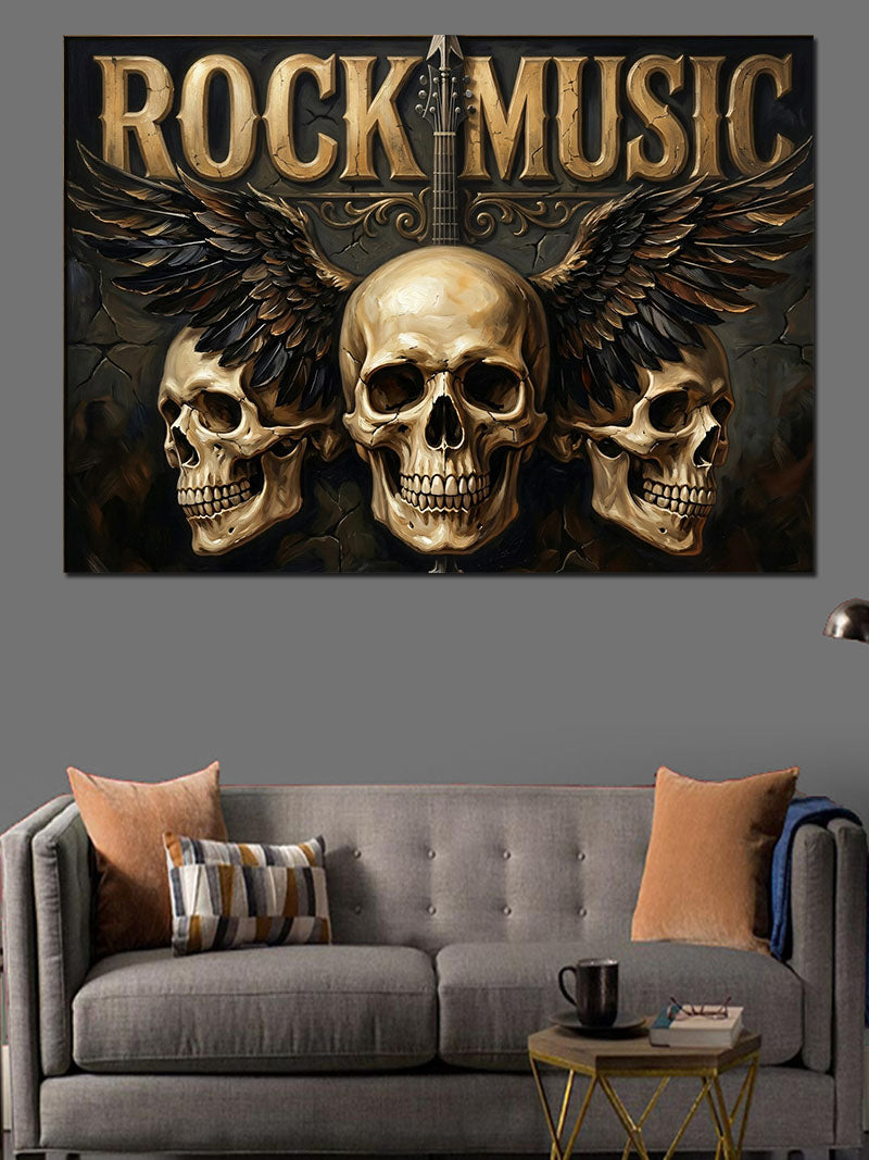 Rock Music Kanatlı Kurukafa Tasarımı Kanvas Tablo