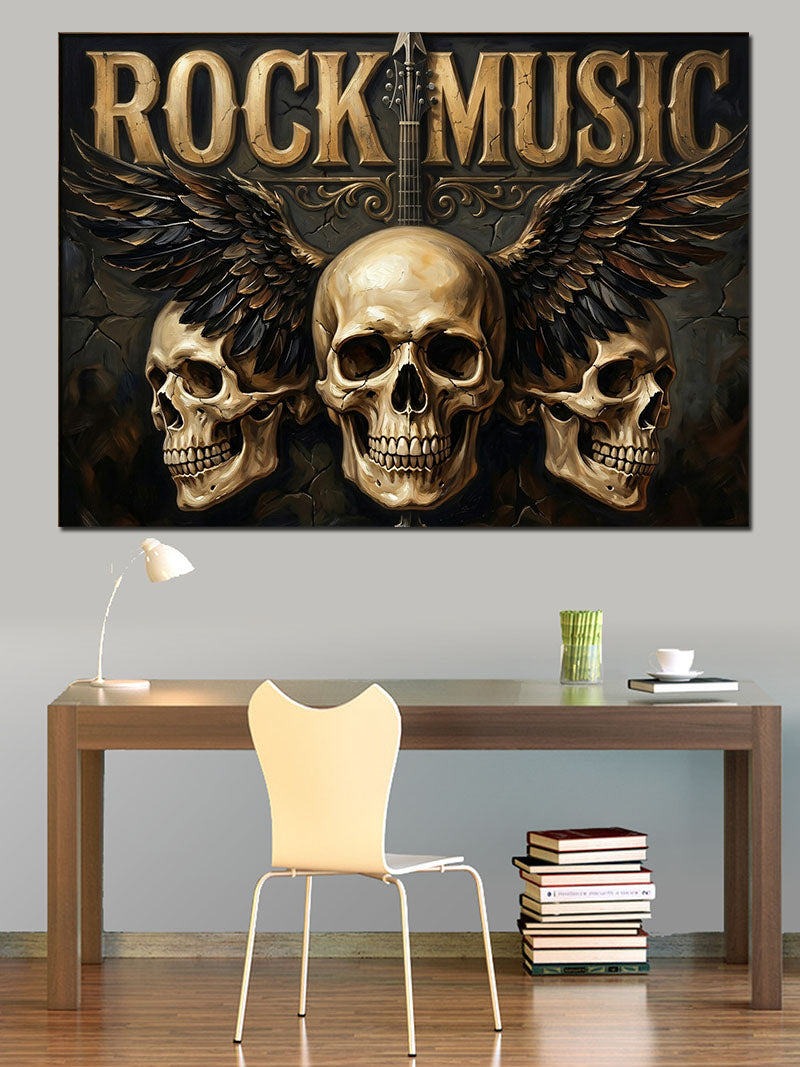 Rock Music Kanatlı Kurukafa Tasarımı Kanvas Tablo