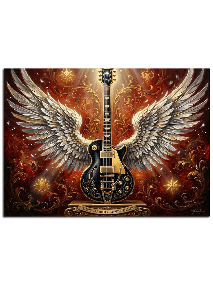 Büyük beyaz kanatları olan, parlayan elektro gitar illüstrasyonu.