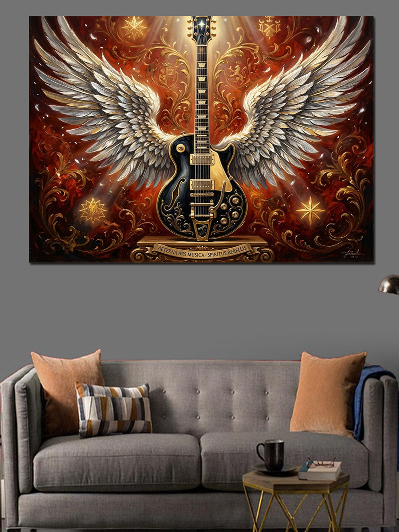 Kanatlı Elektro Gitar Ve Yıldızlar Kanvas Tablo