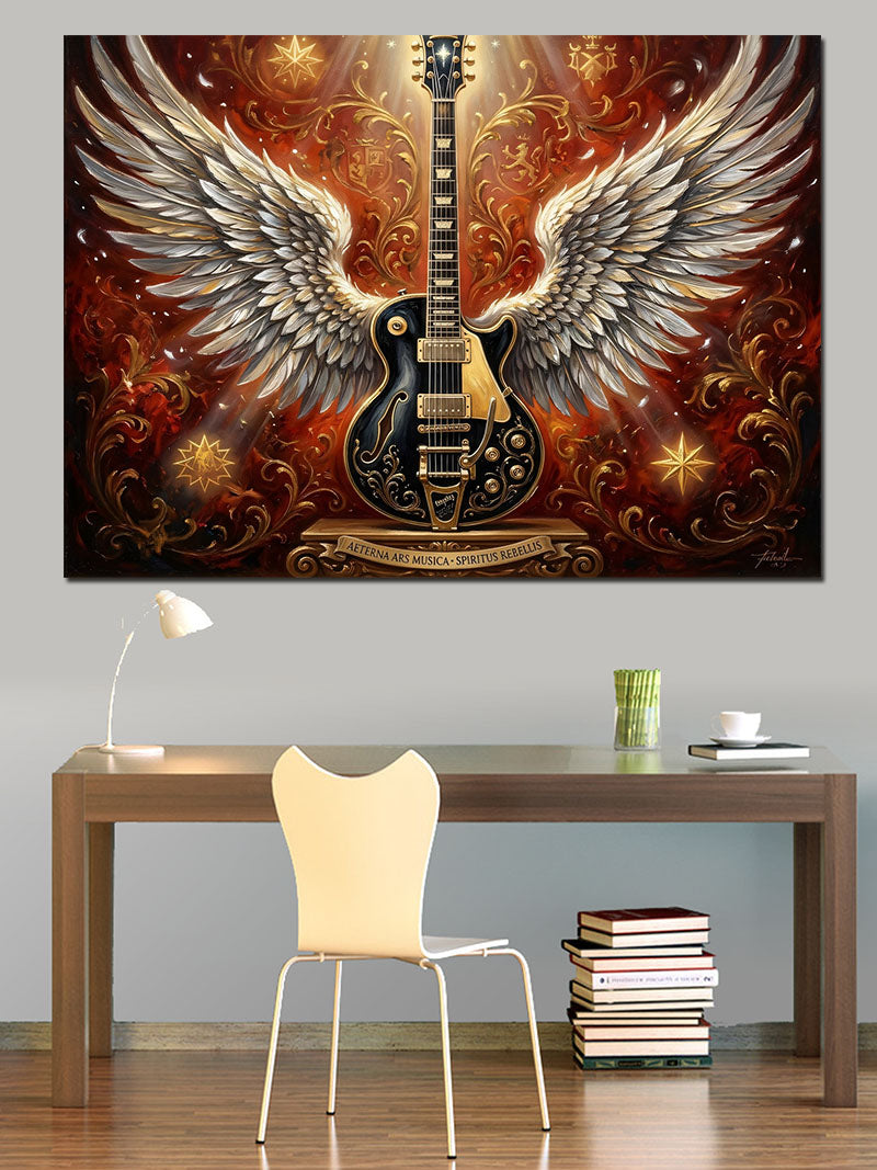 Kanatlı Elektro Gitar Ve Yıldızlar Kanvas Tablo