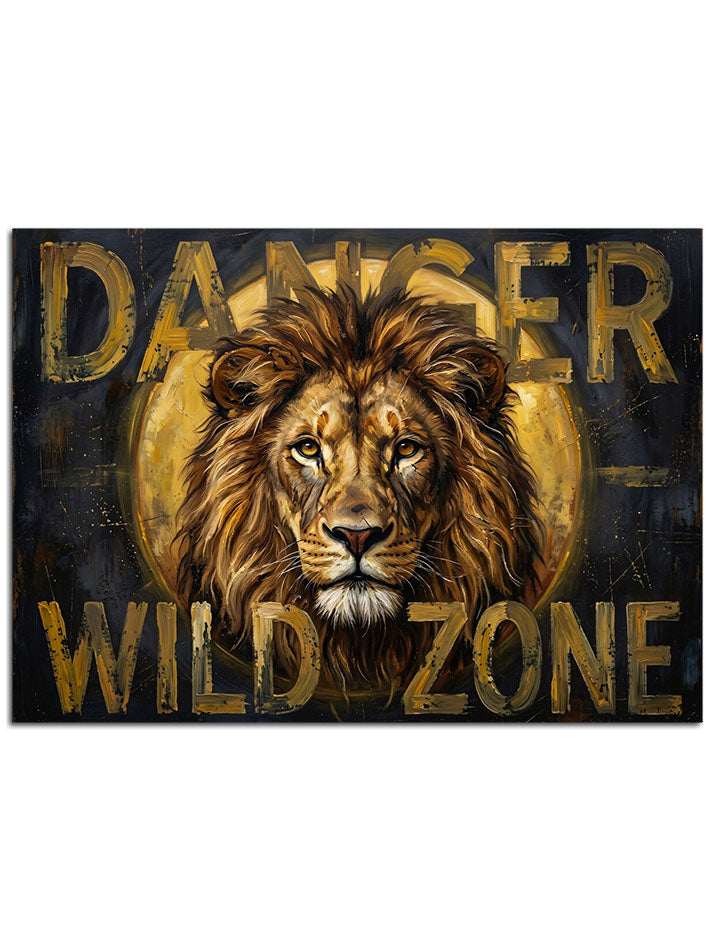 "Danger Wild Zone" yazılı, vahşi aslan bakışlı uyarı tabelası.