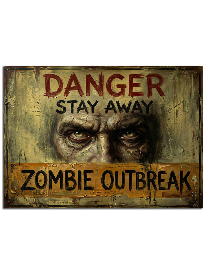 "Danger Stay Away" yazılı, korkunç zombi gözlü uyarı panosu.