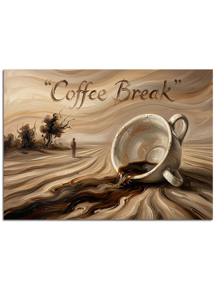 Kumların üzerinde devrilmiş kahve fincanı ve "Coffee Break" yazısı.