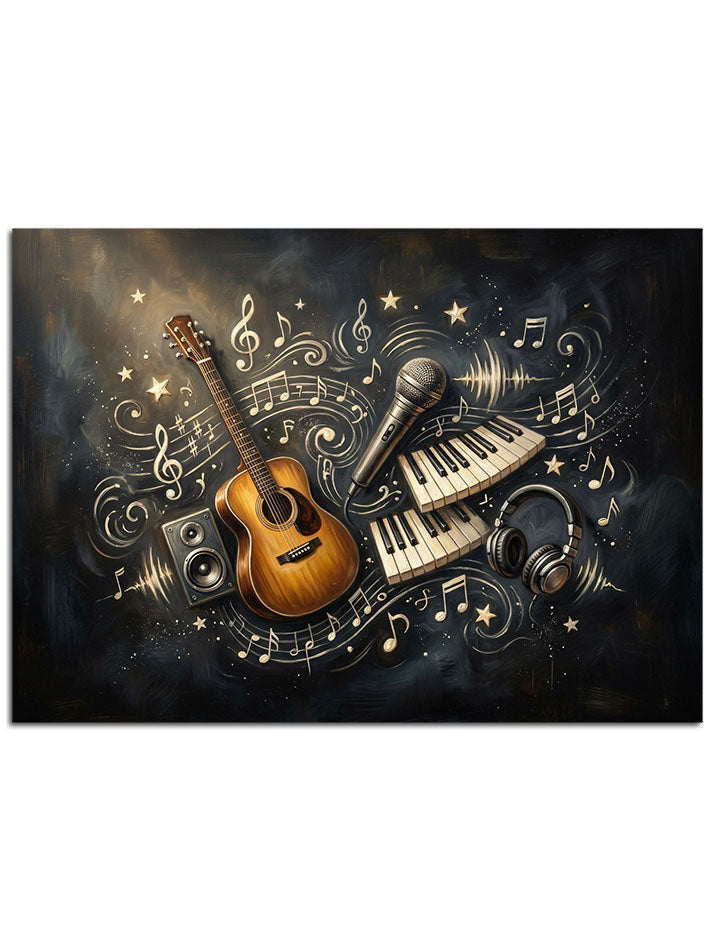 Gece gökyüzü dokusuyla bezenmiş gitar ve piyano tuşları.