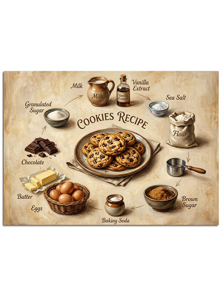 "Cookie Time" yazılı, kurabiye malzemelerini içeren nostaljik teknik çizim.
