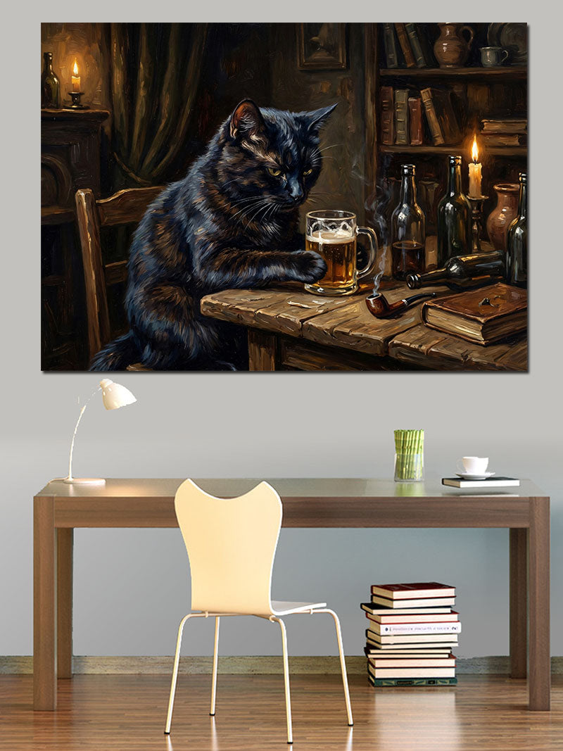 Bar Masasında Bira İçen Kedi Kanvas Tablo