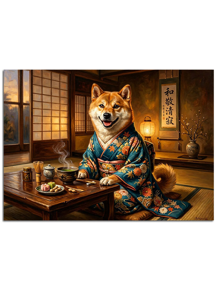 Masada çay içen, geleneksel kimono giymiş karizmatik köpek portresi.