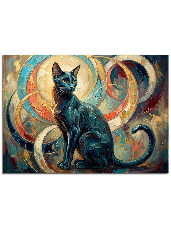 Altın ve mavi sarmal desenlerle çevrelenmiş şık kara kedi.