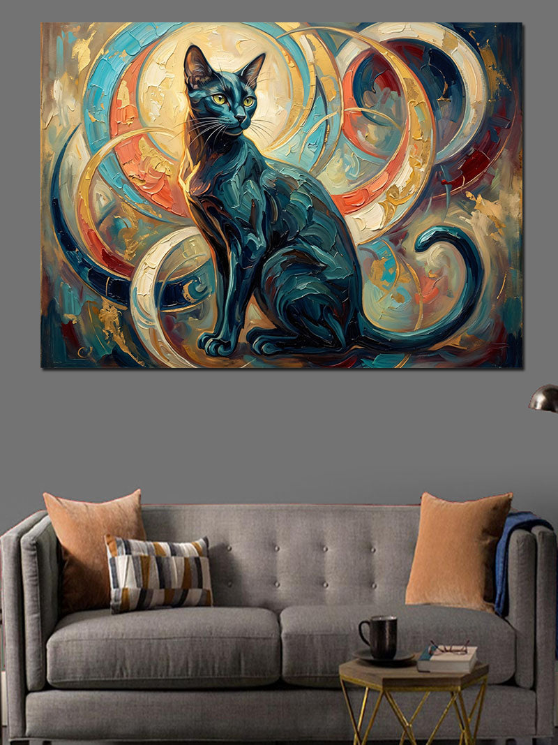 Soyut Desenli Mistik Kara Kedi Kanvas Tablo