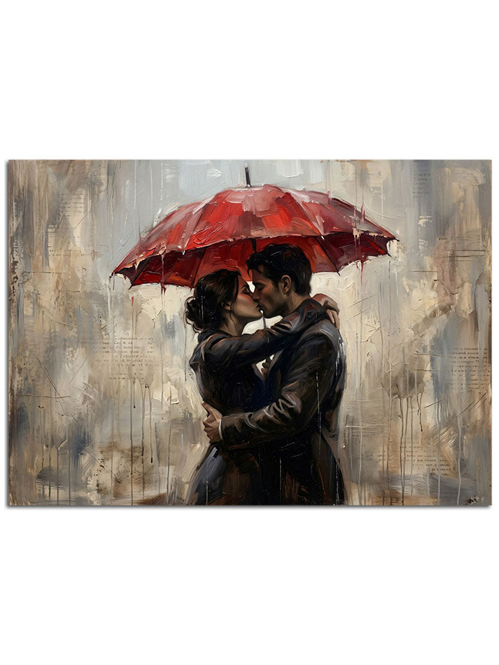 Kırmızı şemsiye altında birbirine sarılan romantik çift silüeti.