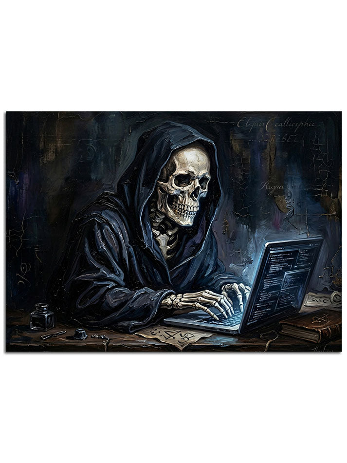 Karanlık bir odada laptop başında çalışan kapüşonlu iskelet.