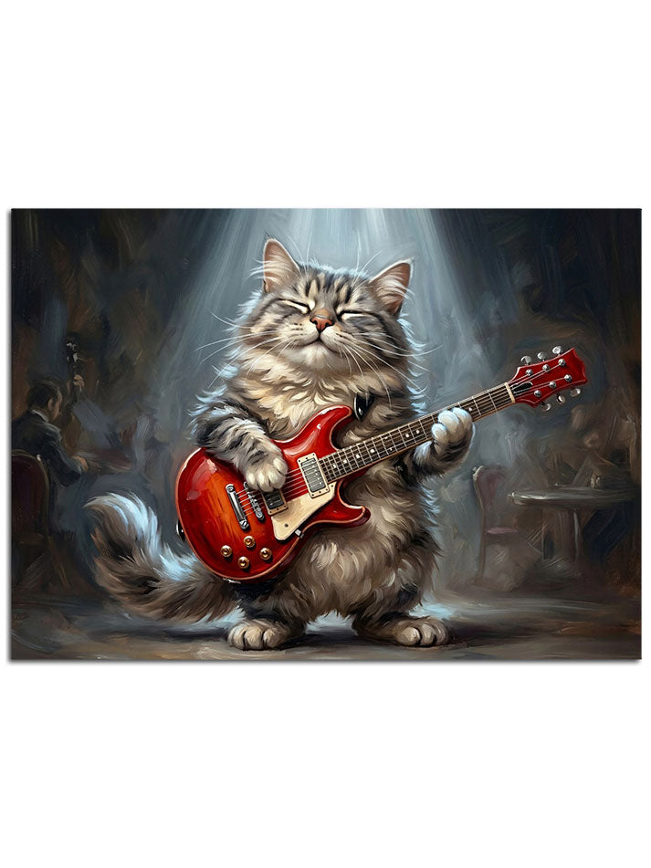 Sahne ışıkları altında elektro gitar çalan tüylü kedi.