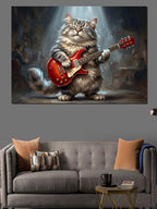 Gitar Çalan Sevimli Kedi Karakteri Kanvas Tablo