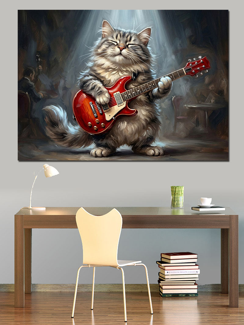 Gitar Çalan Sevimli Kedi Karakteri Kanvas Tablo