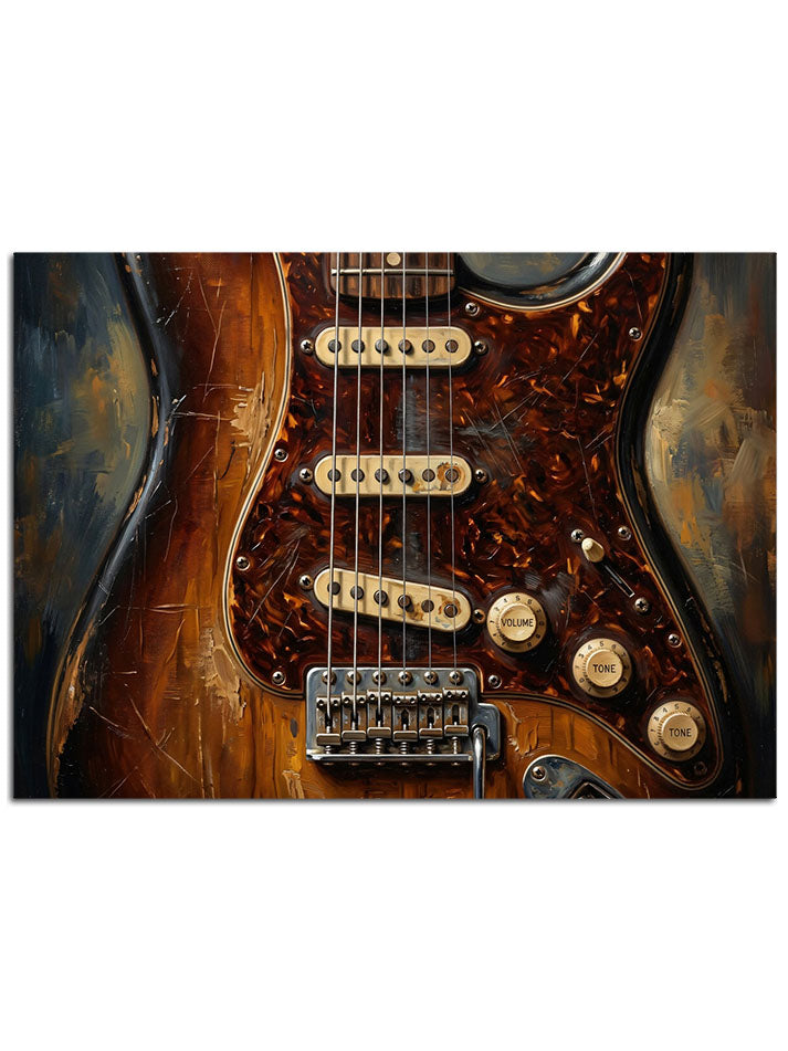 Rock ruhunu yansıtan, eskitme dokulu elektro gitarın sanatsal yakın çekimi.