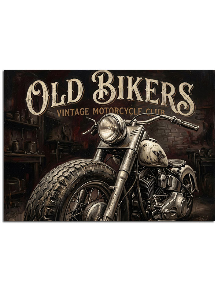 "Old Bikers" yazılı, nostaljik ve asi ruhlu klasik motosiklet illüstrasyonu.