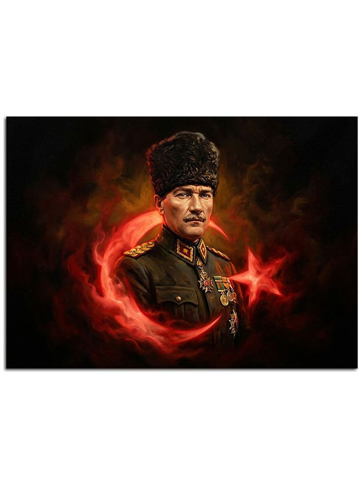 Türk bayrağı ve ay yıldız önünde kalpaklı Mustafa Kemal Atatürk.