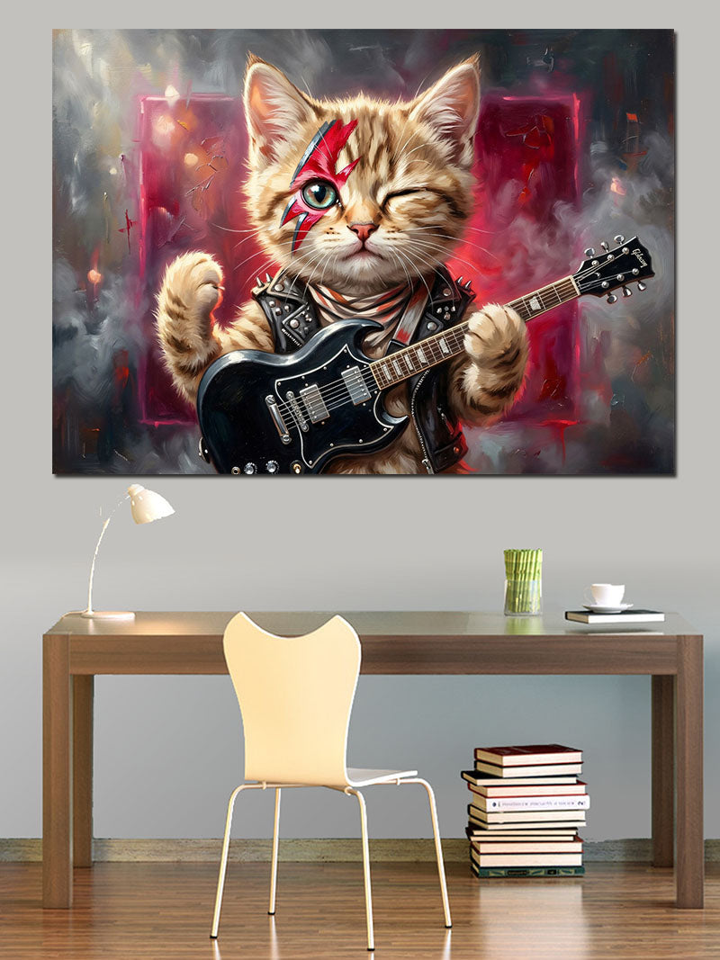 Elektro Gitar Çalan Havalı Kedi Kanvas Tablo