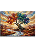 Gövdesinden nehir geçen, farklı renklerde yaprakları olan ulu ağaç.