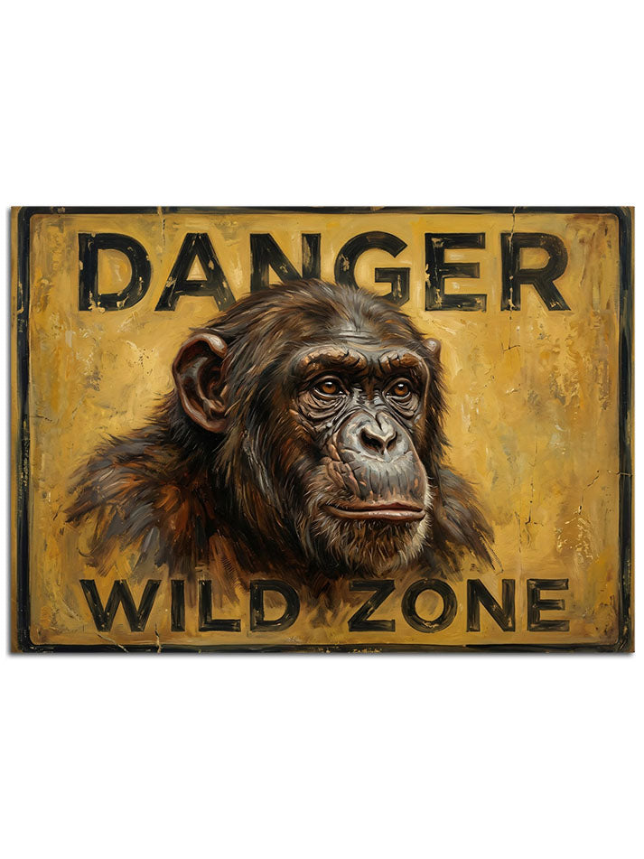 "Danger Wild Zone" yazılı eskitme şempanze tabelası.
