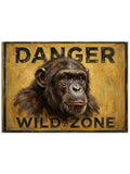 "Danger Wild Zone" yazılı eskitme şempanze tabelası.