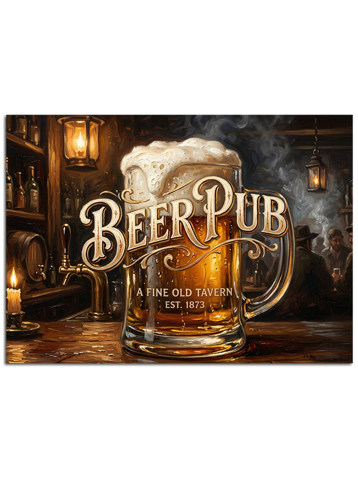 "Beer Pub" yazılı, iştah açıcı büyük bira bardağı.