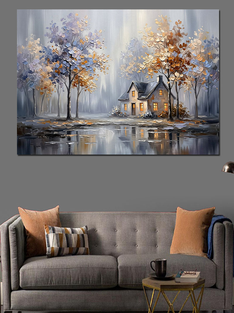 Karlı Havada Göl Kenarı Evi Kanvas Tablo