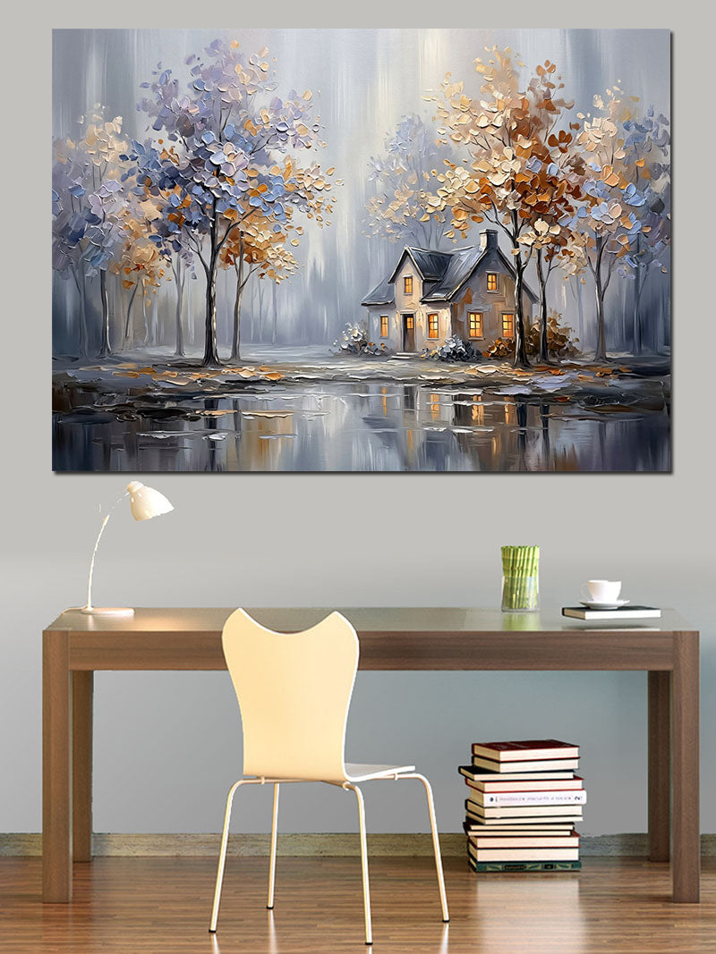 Karlı Havada Göl Kenarı Evi Kanvas Tablo