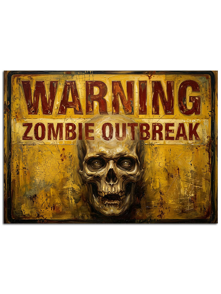 "Warning Zombie Outbreak" yazılı eskitme metal tabela.