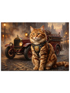 Kırmızı itfaiye aracı ve karizmatik tekir kedi.