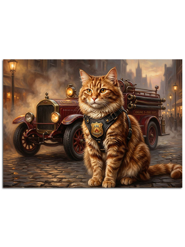 Kırmızı itfaiye aracı ve karizmatik tekir kedi.