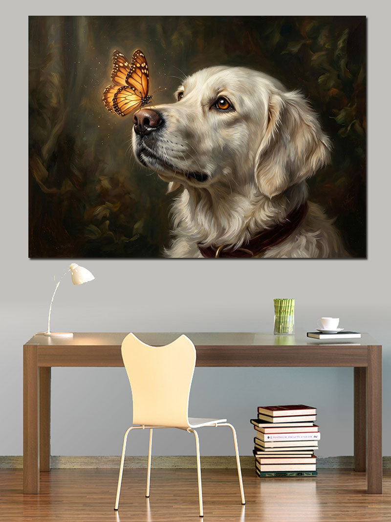 Kelebekli Beyaz Köpek Dostluğu Tablosu Kanvas Tablo