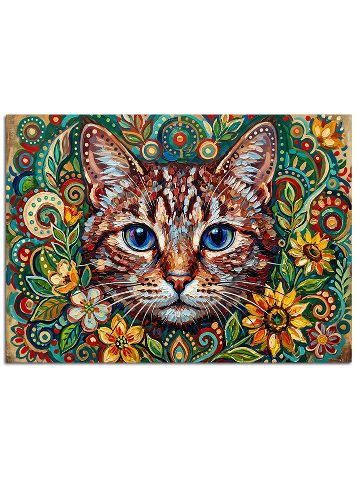 Çiçek motifleriyle bezeli, canlı renkli mistik kedi illüstrasyonu.