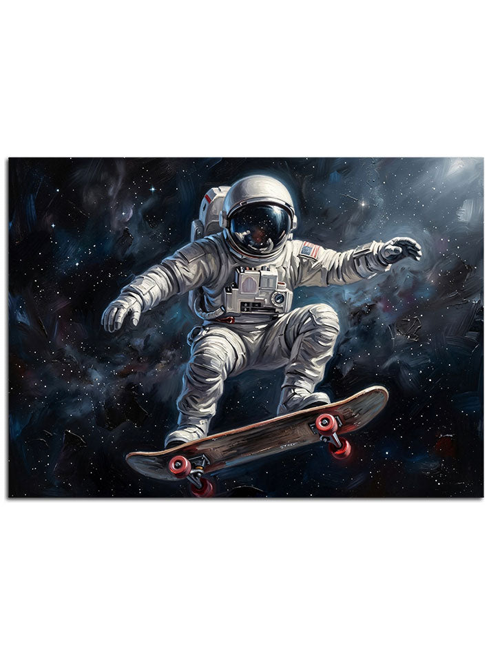 Uzay boşluğunda kaykay yapan astronot ve yıldız tozu.
