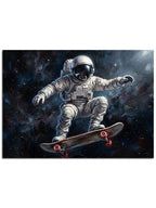 Uzay boşluğunda kaykay yapan astronot ve yıldız tozu.