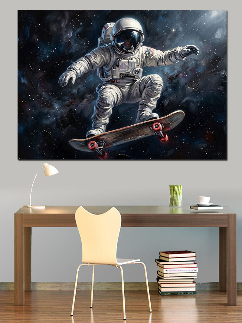 Kaykay Süren Astronot Uzay Sanatı Kanvas Tablo