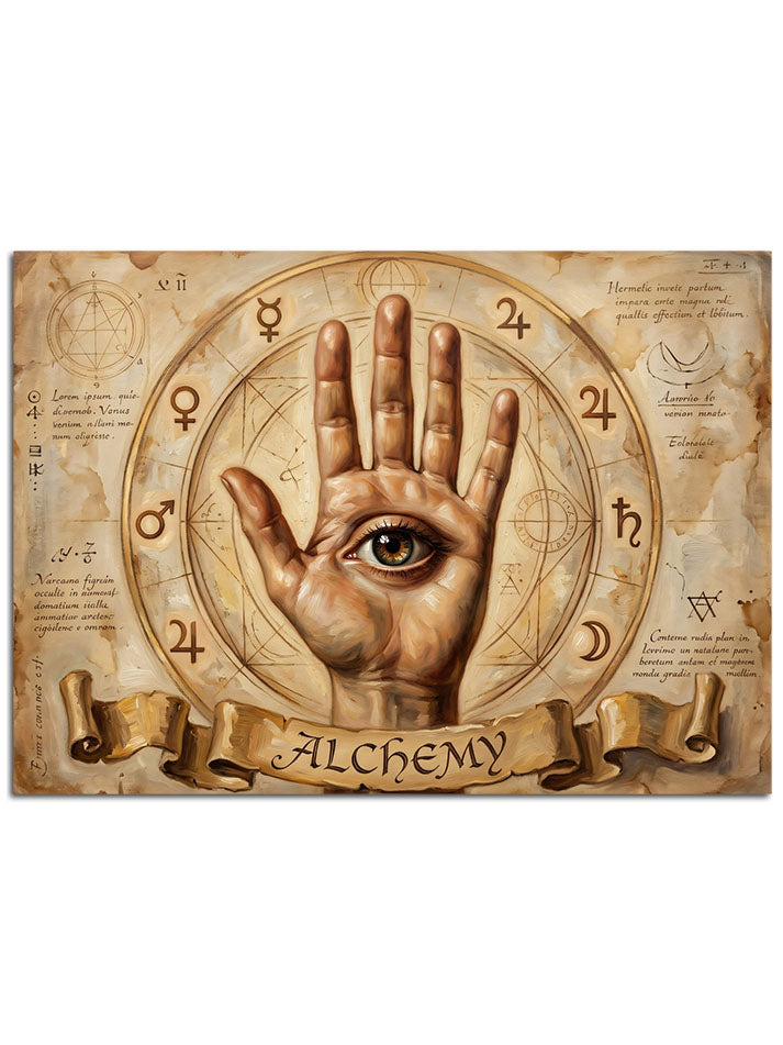 Avuç içinde göz olan el ve astrolojik işaretler.