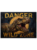 "Danger Wild Zone" yazılı eskitme T-Rex tabelası.