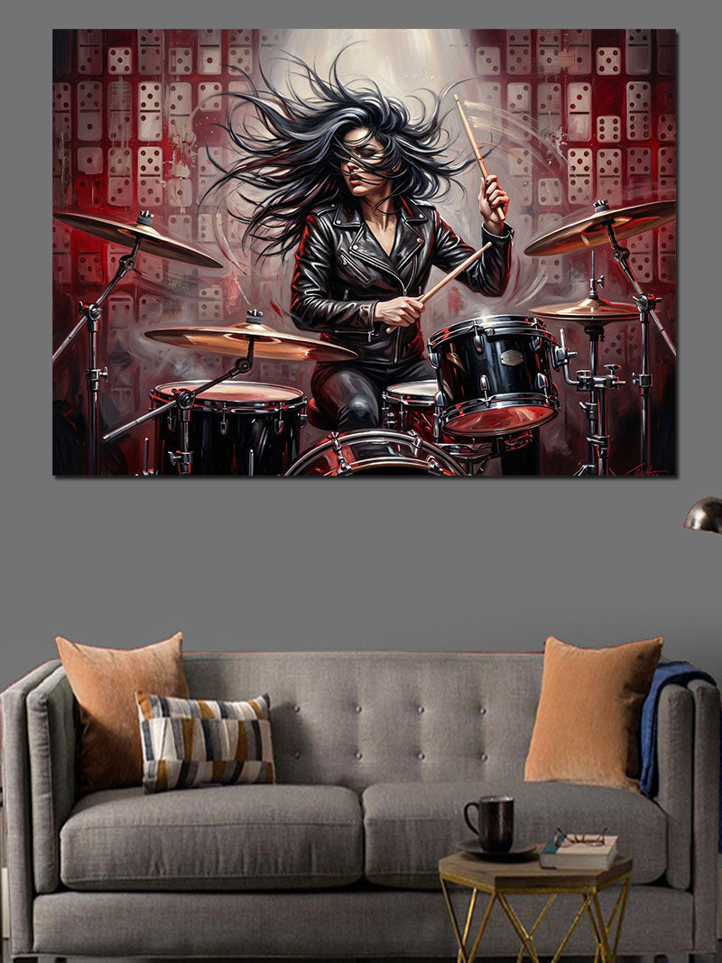 Davul Çalan Kadın Rock Sanatı Kanvas Tablo